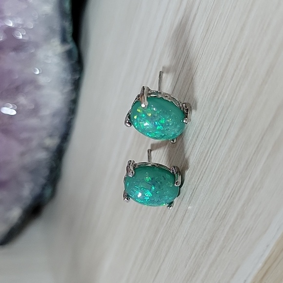 Green Opalite Cabochon Stud Earrings - Picture 5 of 5